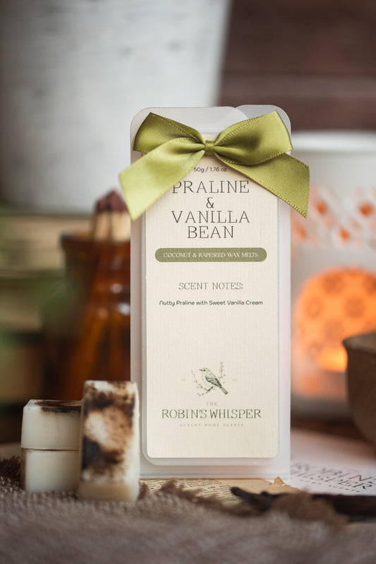Praline & Vanilla Bean scented wax melt with a green bow on a textured surface.
